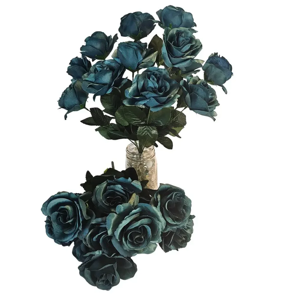 Silk Artificial Teal Rose Bush Lot of 2 Bushes, 4 in wide Blooms, 23 Roses total